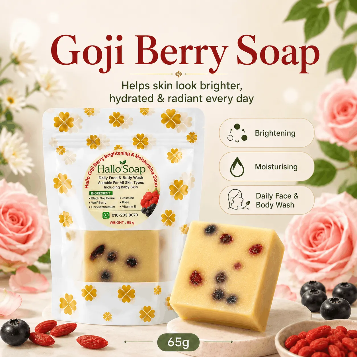 Hallo Goji Berry Brightening & Moisturising Soap angle 1